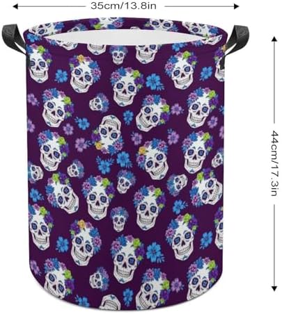 Collapsible Waterproof Laundry Basket Flowers And Skulls Purple, Portable Hamper with Handles for Clothes, Toys, and Home Organization