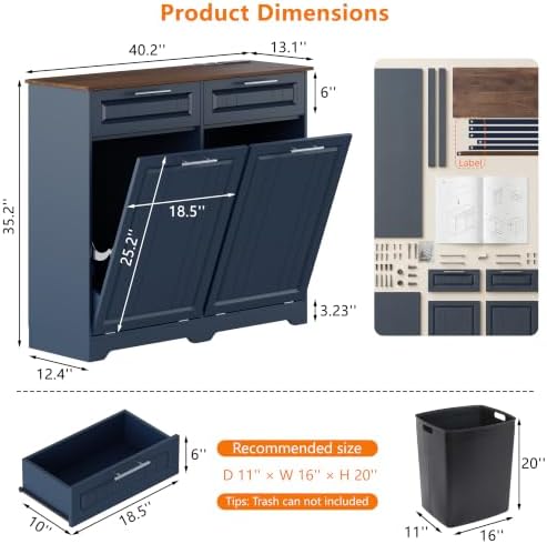 Double 10 Gallon Tilt Out Trash Can Cabinet with Deodorizing Function and Power Outlet, Wooden Hidden Garbage Can Holder with 2 Storage Drawers for Kitchen, Laundry Hamper Cabinet for Bathroom, Blue