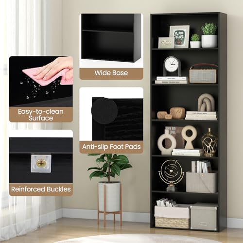 Giantex 6-Tier Bookcases Set of 2, 70" Tall Wooden Bookshelf, Freestanding Storage Organizer w/Open Shelves, Anti-Tipping Kits, Modern Floor Standing Display Shelves for Living Room, Bedroom, Black