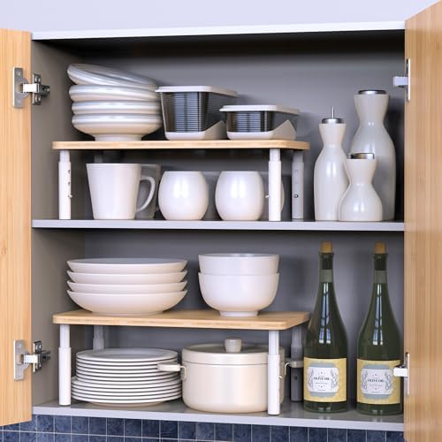 Bamboo Cabinet Organizer Shelf 2 Pack, Height Adjustable | Stackable Kitchen Shelf Organizer Wood Spice Rack Storage for Kitchen and Bathroom Cabinet, Pantry & Countertop