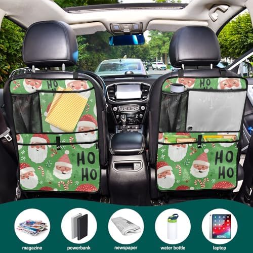 2 Pack Back Seat Car Organizer with Storage Pockets Kick Mats Back Seat Protector Hanging Car Organizer Automotive Seat Back Cover Organizers Bright Green Christmas Santa Claus