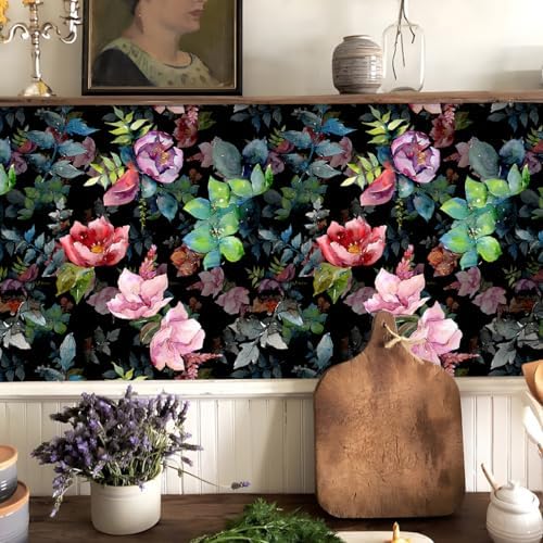 HAOKHOME Adhesive Shelf Liner Black Purple Floral Kitchen Drawer Liners | Peel and Stick Contact Paper Vintage Botanical Bathroom Cabinets Cupboard Dresser Drawers Furniture Decorative 17.3in x 6.5ft