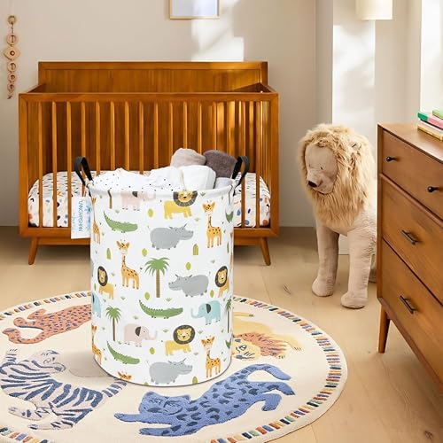 Round Laundry Basket Collapsible Storage Hamper Organizer Animal | Waterproof Canvas Foldable Baskets with sturdy Handles Multi-scene Organizer for Home Play Bedroom Gift Bin