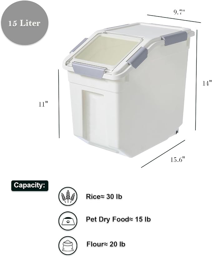 15 Liter / 30 lbs Rice Storage Container with Measuring Cup, BPA free, For Rice | Grain | Pet Food | Flour, 2 count, White