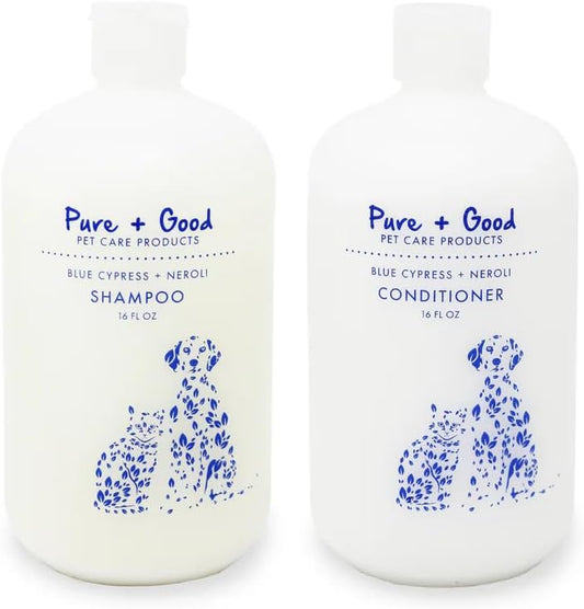 Pure + Good - Shampoo and Conditioner Set, Formulated for All Pets, Gentle and Cleansing, Made in The USA, Cruelty Free, 16 fl oz (Blue Cypress + Neroli)