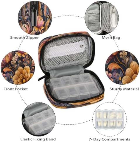 Pill Organizer Box Ethnic Style Retro Pattern 7-Day Weekly Medicine Pill Case Travel Pill Container Portable Pill Holder Storage Purse Bag Small Compact Size for Vitamin Supplement Birth Control