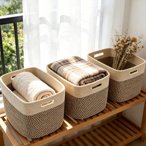 3 Pack Woven Baskets,Storage Baskets for Shelves with Handles | 13.5"×11"×9.5", Closet Baskets, Nursery Organizer for Toys Towels Books, Storage Bin for Living Room Bedroom (Jute & Black)