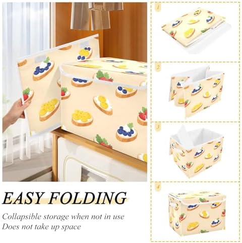 Storage Bins with Lids Fruit Topped Bread Pattern Foldable Storage Boxes with Handles Large Storage Basket Collapsible Organizer Containers for Closet Home Bedroom Office