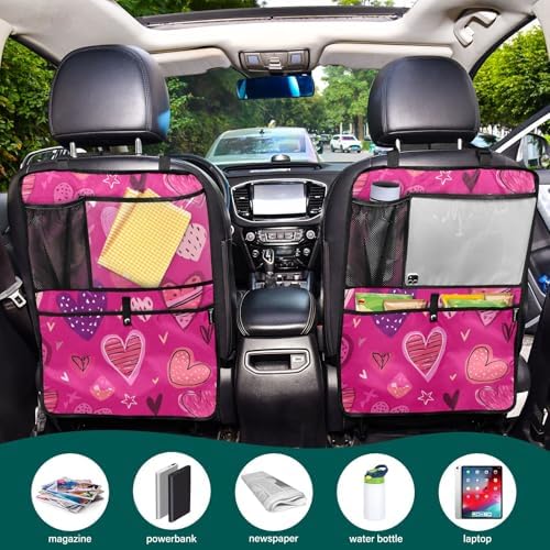 2 Pack Back Seat Car Organizer with Storage Pockets Kick Mats Back Seat Protector Hanging Car Organizer Automotive Seat Back Cover Organizers Hot Pink Doodle Hearts Stars