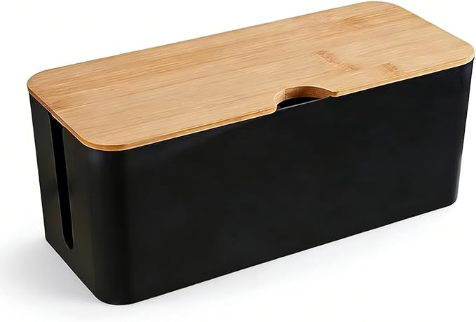 Cable Management Box Wire Organizer for Power Strip Hiding | Bamboo Lid,Large Dual-side Opening Design,Kid & Pet Friendly,for Office,Desks, TV Areas,Floor Corners,Black