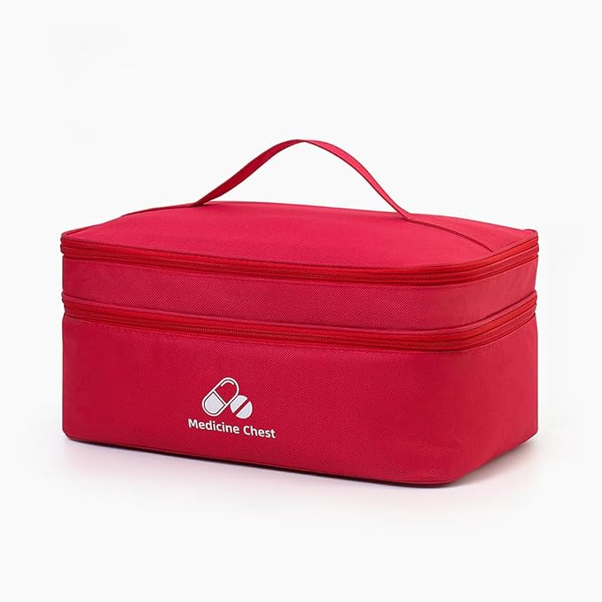 Dual Layers First Aid Bag Empty with Lockable Zipper,Pill Bottle Organizer Storage Bags,Household Medicine Storage Bag for Home Pills Vitamins Emergency Supplies Travel (Red,13.78×9.45×6.69inch)