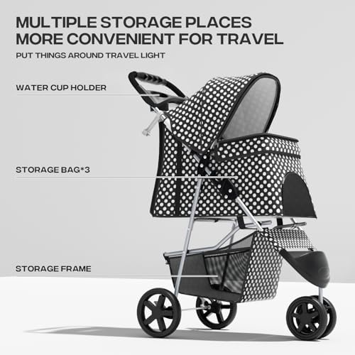 Foldable 3-Wheel Pet Stroller for Dogs & Cats, Black Polka Dots | Storage Basket & Cup Holder, Breathable Mesh Cover, Lightweight and Durable, for Small to Medium Pets, up to 33 lbs