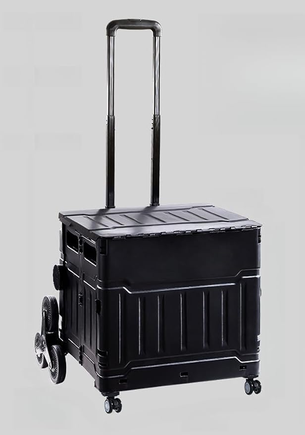 Collapsible Shopping Box Trolley on Wheels with Lid,75L Large Capacity Folding Portable Rolling Crate Handcart with Telescopic Handle for Camping (Black,Eight Wheel Large)