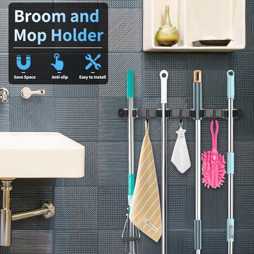 Huryfox Mop and Broom Holder Wall Mounted - Sturdy Stainless Steel Rack with Utility Hooks, 4 Racks, 3 Hooks Adjustable Design and Multiple Storage Organiser Options, Perfect for Kitchen, Laundry