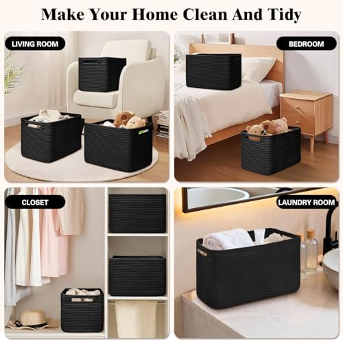 Storage Baskets for Organizing, 4 Pack Baskets for Shelves, Decorative Storage Bins for Shelves, Cotton Rope Storage Basket with Handles, Woven Basket for Storage, 13''Lx8.7''Wx7.9''H, Black