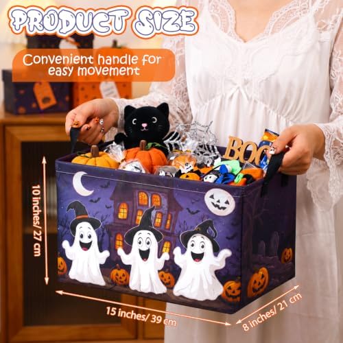 Breling 4 Pcs Halloween Baskets Boo Basket Gift Pumpkin Skull Ghost Baskets with Handles Large Collapsible Storage Bins Boxes for Trick or Treat Gifts Laundry Shelves Home Storage, 15 x 10 x 8 in