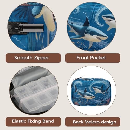 Weekly Pill Organizer Travel Size Bag with Removable 7 Day Pill Box Portable Vitamin Case Purse with Zipper,Sharks Underwater Coral Fish