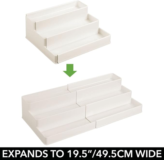 mDesign Plastic Expandable 3-Tier Shelf Rack Organizer - Storage for Bathroom Vanity, Cabinet, Cupboard, Drawer - Holds Medicine, Vitamins, Supplements, Cosmetics - Ligne Collection - Cream/Beige