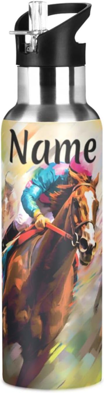 Custom Name Horse Racing Water Bottle with Straw Lid Kids Insulated Stainless Steel Water Flask Sports, 20 Oz Hot Cold