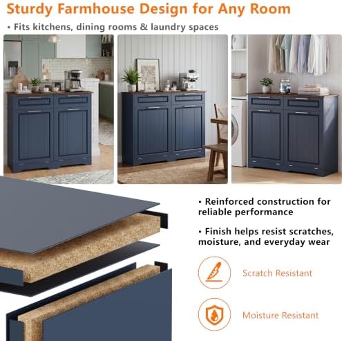 Double 10 Gallon Tilt Out Trash Can Cabinet with Deodorizing Function and Power Outlet, Wooden Hidden Garbage Can Holder with 2 Storage Drawers for Kitchen, Laundry Hamper Cabinet for Bathroom, Blue