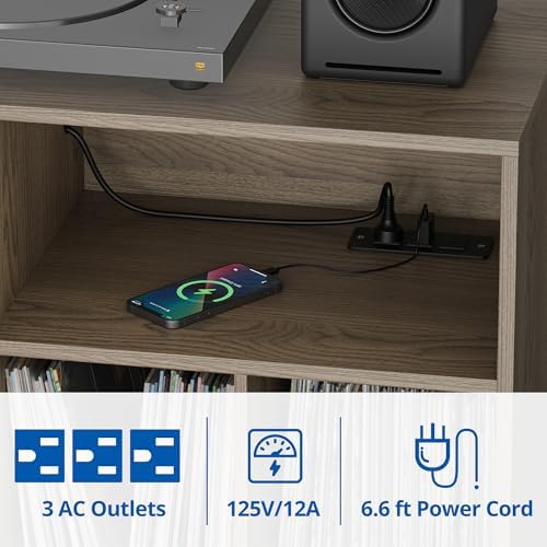 Cozy Castle Record Player Stand with Vinyl Storage Cabinet, Wood Turntable Table Open Shelf Holder Up to 350 Albums Cube Storage Organizer for Living Room, Office, Gray
