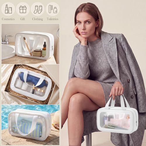 Abbylike 12 Pcs Clear Toiletry Bags with Handle for Women and Men, Matte Translucent Waterproof Cosmetic Bags with Zipper for Travel Toiletries Wash Shower Accessories Bachelorette Bridal Party(White)
