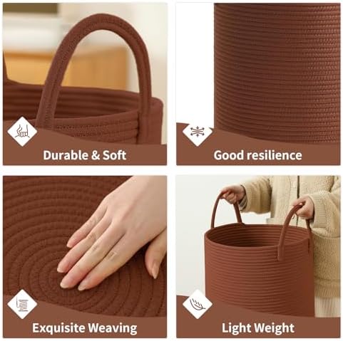 Laundry Basket Hamper Tall Rope Storage Woven for Blanket toys Dirty Clothes in Living Room Bathroom Bedroom (Dark Brown, 100L/26.4Gal)