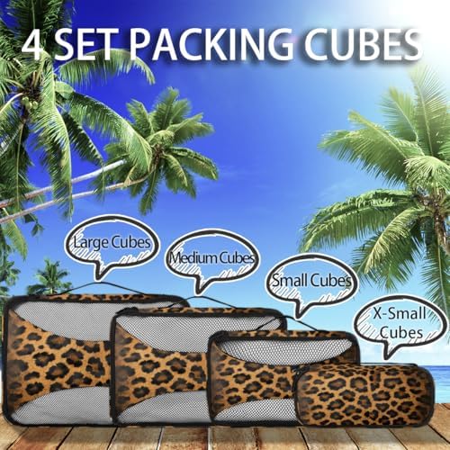 Leopard Print 4 Set Packing Cubes Luggage Organizer Bags for Travel Accessories and Essentials, Wild Safari Skin Pattern