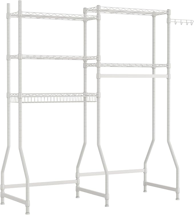 Golpart Laundry Organizer Shelves Over the Washer and Dryer Storage Shelf | Heavy Duty Laundry Room Organization Clothes Drying Rack Adjustable Height Wire Shelving and Wire Basket with Hanger Rod