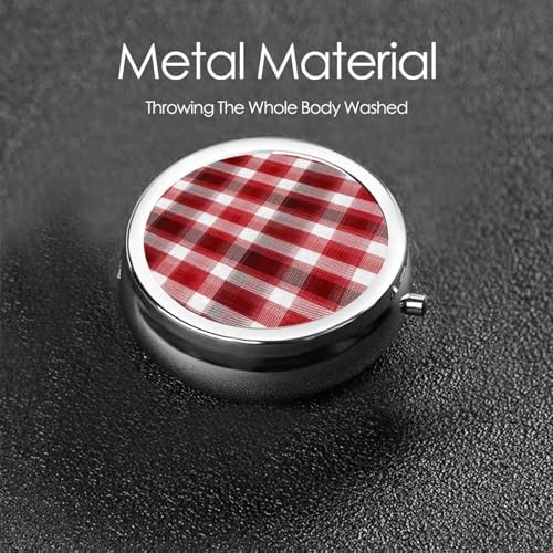Pill Box 3 Compartment Medicine Pill Case for Pocket or Purse Mini Metal Pillcase Red Plaid Pill Holder Vitamin Organizer Portable Travel Pills Container to Hold Supplements Vitamins