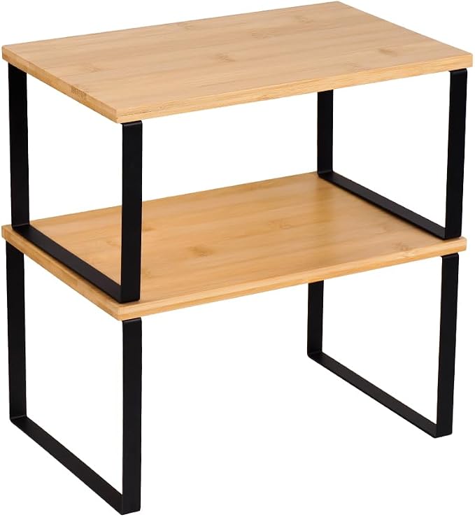 HEY FOLY Kitchen Cabinet Organizer Shelf, Set of 2 Stackable Counter Shelves, Small Wood Cabinet Riser Shelf for Pantry Cupboard Spice Dish Mug Cup, Expandable (Beige & Black, 11.7''W)