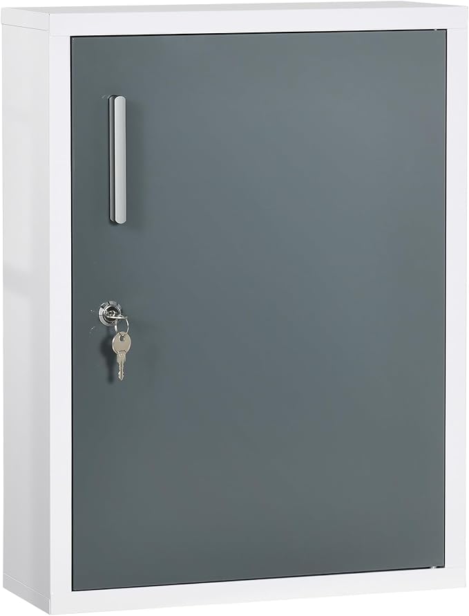 kleankin Bathroom Medicine Cabinet, Lockable, Shelves On Door, White Grey | Shelves Inside, First Aid Bathroom Wall Medical Cabinet