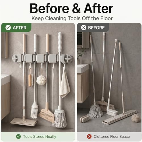 Mop and Broom Holder Wall Mount | No Drill Suction Cup, 4 Slots & 5 Hooks, Removable, For Bathroom, Laundry Room, RV Camper
