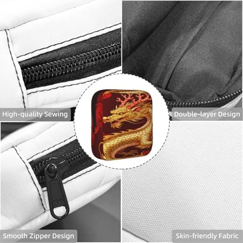 Multifunctional Period Storage Bag for Women Vintage Chinese Dragon, Compact Tampon Holder Pouch, Polyester Pad Bag Stores Cosmetic Jewelry Keys