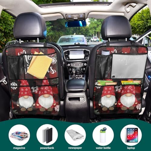 2 Pack Back Seat Car Organizer with Storage Pockets Kick Mats Back Seat Protector Hanging Car Organizer Automotive Seat Back Cover Organizers Red and Black Checkered Christmas Gnomes
