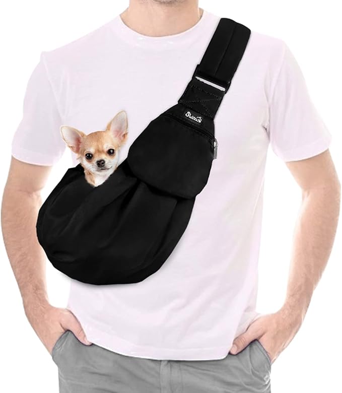 Lukovee Pet Sling, Puppy Small Pet Cat Carrier with Safety Hook | Hands-Free,Padded Strap, Breathable, Adjustable, Storage Pocket, Tote Bag Shoulder Bag with Front Pocket (Black, S)