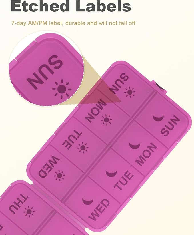 Pill Organizer Travel Medicine Case - Travel Pill Case with Etched Labels, Daily Travel Medicine Case Holder