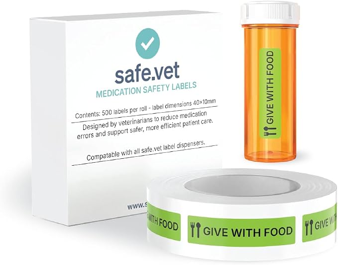 Dispensed Medication Veterinary Pharmacy Labels | Roll of 500 | Clinical-Grade Color-Coded Stickers for Medication Bottles (Give with Food)