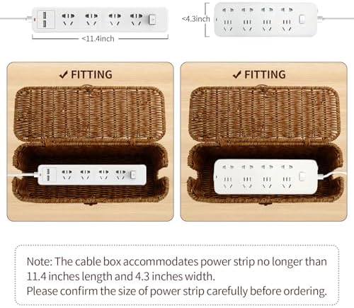 Cable Management Box, Desk Handwoven Rattan Cord Hider Cable Organizer Box With Lid Button Lock, Power Strip Cover Wicker Decorative Basket, Floor Wire Hiding Extension Cord Box (dark brown)