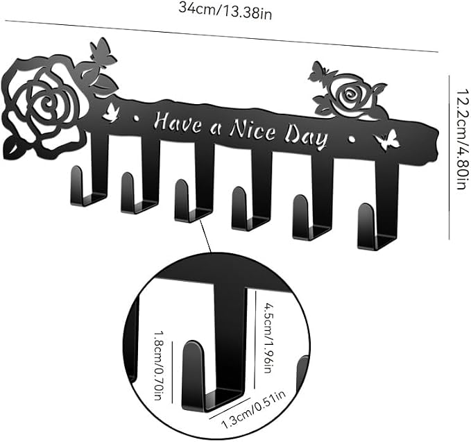 Key Holder Wall Mount, 13.5 Inch Wide-Spaced 6 Hooks Key Rack with Rose & Butterfly, Matte Black Rust-Proof Wall Organizer for Tidy Entryway, Hallway & Kitchen