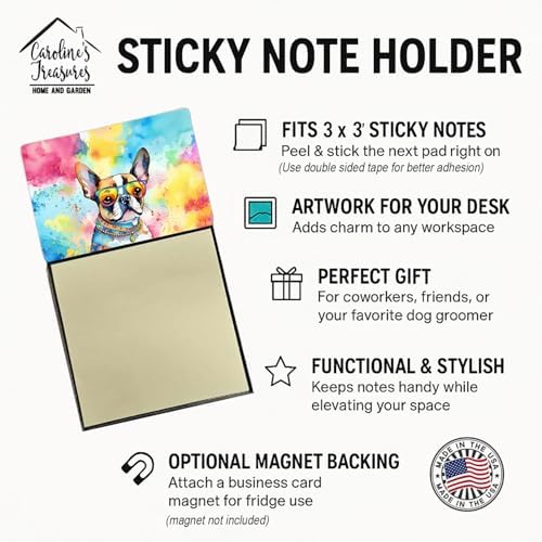 Caroline's Treasures Boston Terrier Hippie Dawg Sticky Note Holder Refillable Dispenser Self-Sticky Note Pads, Memo Pads Blank Desk Accessories