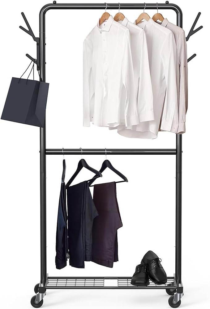 Simple Houseware Double Rod Clothes Rack with Wheels, Hooks & Shelf, Black | Heavy-Duty Metal Garment Rack Organizer