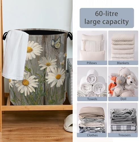 Vintage Daisy Laundry Basket,Wooden Butterfly Oxford Cloth Laundry Hamper with Handle Foldable Portable Clothes Storage Basket for Bathroom Bedroom Dorm Room 16" x 20.8"
