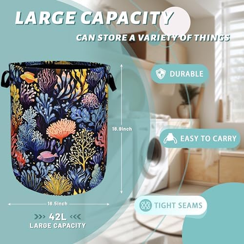 Colorful Coral Laundry Basket Foldable Oxford Cloth Hamper 18.9" x16.5"