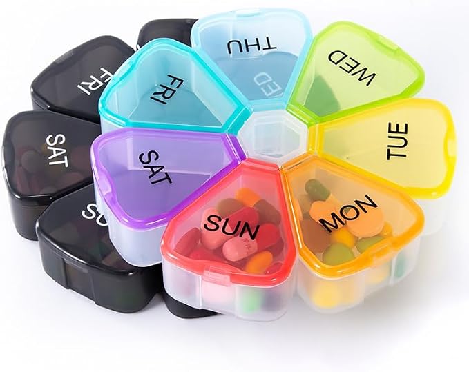 Travel Pill Organizer 7-Day Weekly Vitamin Medicine Case Dispenser | Portable Medication Box for Meds, Mineral, Fish Oil, DHA, Turmeric, Supplement, Capsule, 7 Compartment Daily Pill Reminder