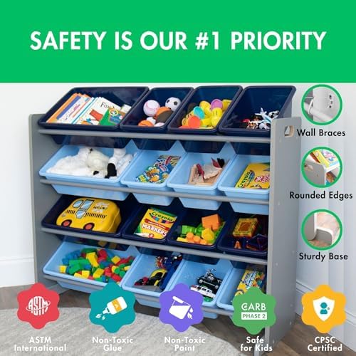 Humble Crew Supersized Toy Storage Organizer with 16 Removable Bins, Blue/Navy – Large Toy Storage for Toddlers Ideal for Kids' Rooms, Playrooms, and Nurseries - Modern Toy Bins for Kids