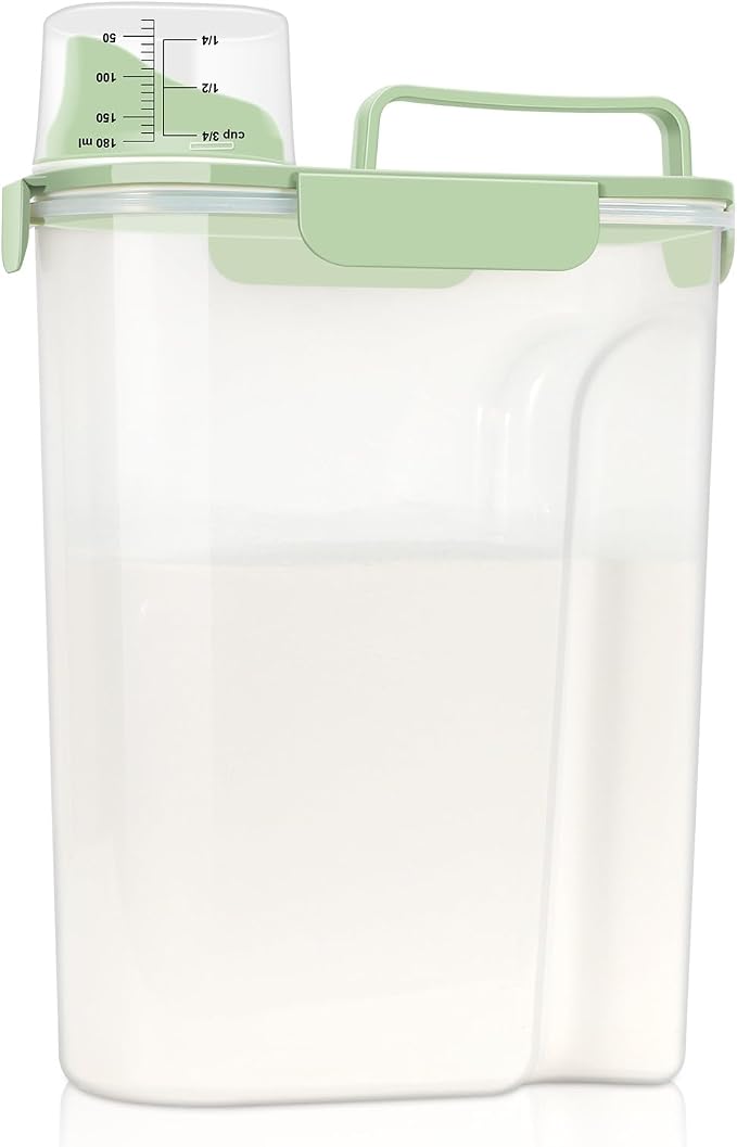 LEAWALK Airtight Rice Storage Container, Cereal Dry Food Flour and Sugar Bin, Dog Cat Food Dispenser with Measuring Cup, BPA Free Clear Plastic Kitchen (Green, 5L-1pack)