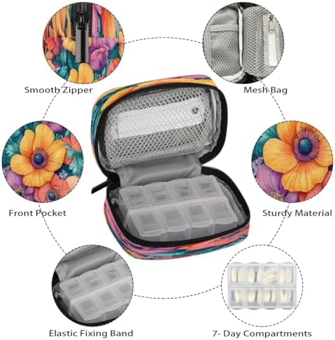 Pill Organizer Box Flower Flowers Colorful 7-Day Weekly Medicine Pill Case Travel Pill Container Portable Pill Holder Storage Purse Bag Small Compact Size for Vitamin Supplement Birth Control
