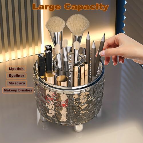 CHIRISEN 360 Rotating Makeup Brush Holder with Lid Dustproof Spinning Brush Storage for Bathroom Countertop, Cosmetic Tools Organizer with Cover for Vanity (Clear)