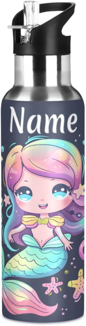 Custom Name Cute Mermaid Water Bottle with Straw Lid Kids Insulated Stainless Steel Water Flask Sports, 20 Oz Hot Cold